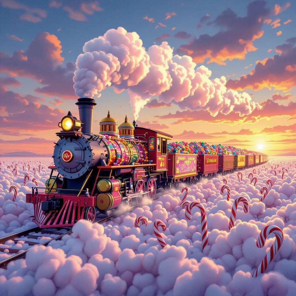 The Candy Express: Whimsical Candy Train at Sunset