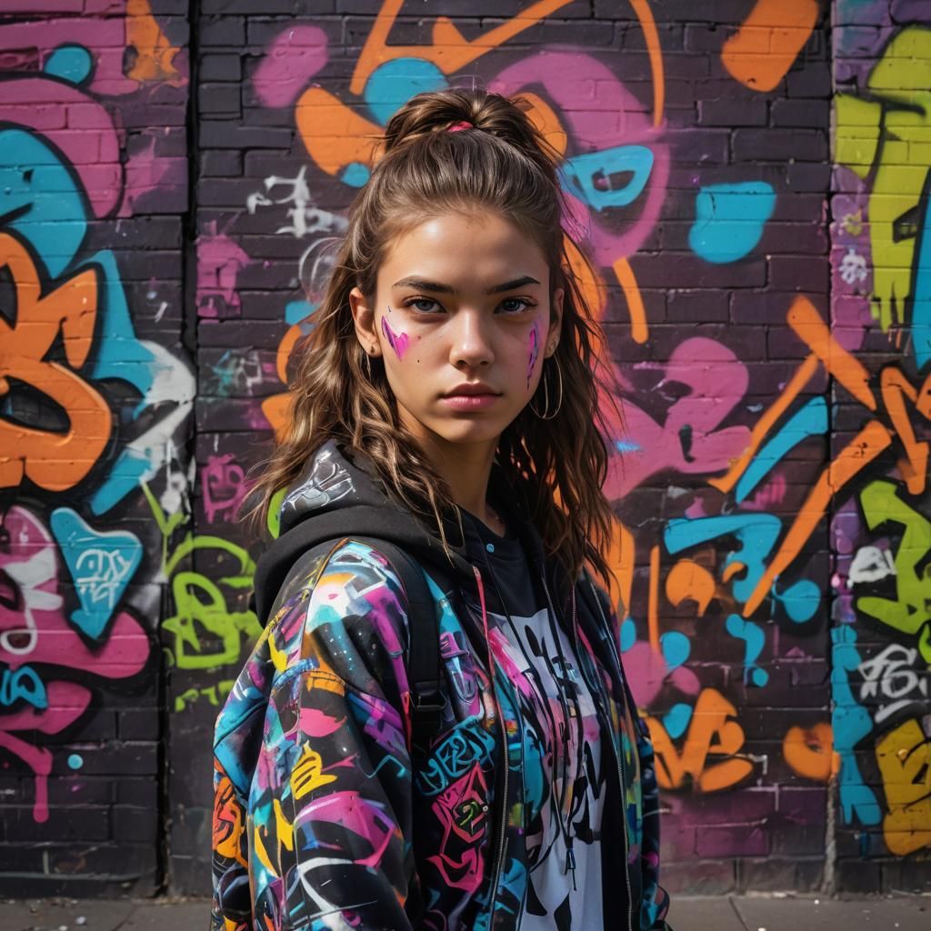 Edgy Teen Portrait in Graffiti-Infused Art Nouveau Style