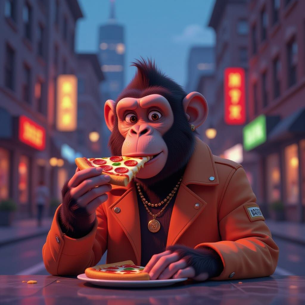 Cartoon Ape Eating Pizza in Cityscape