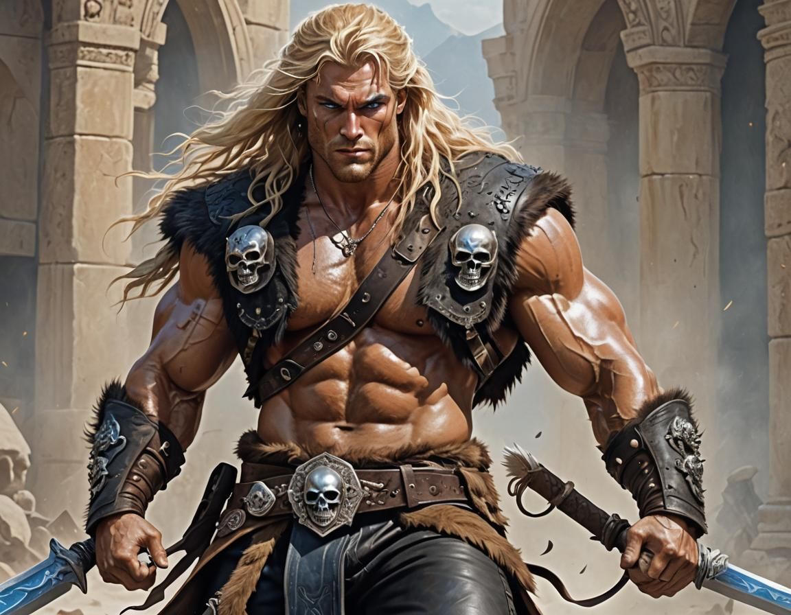 Barbarian Warrior in Stormy Castle, Digital Art