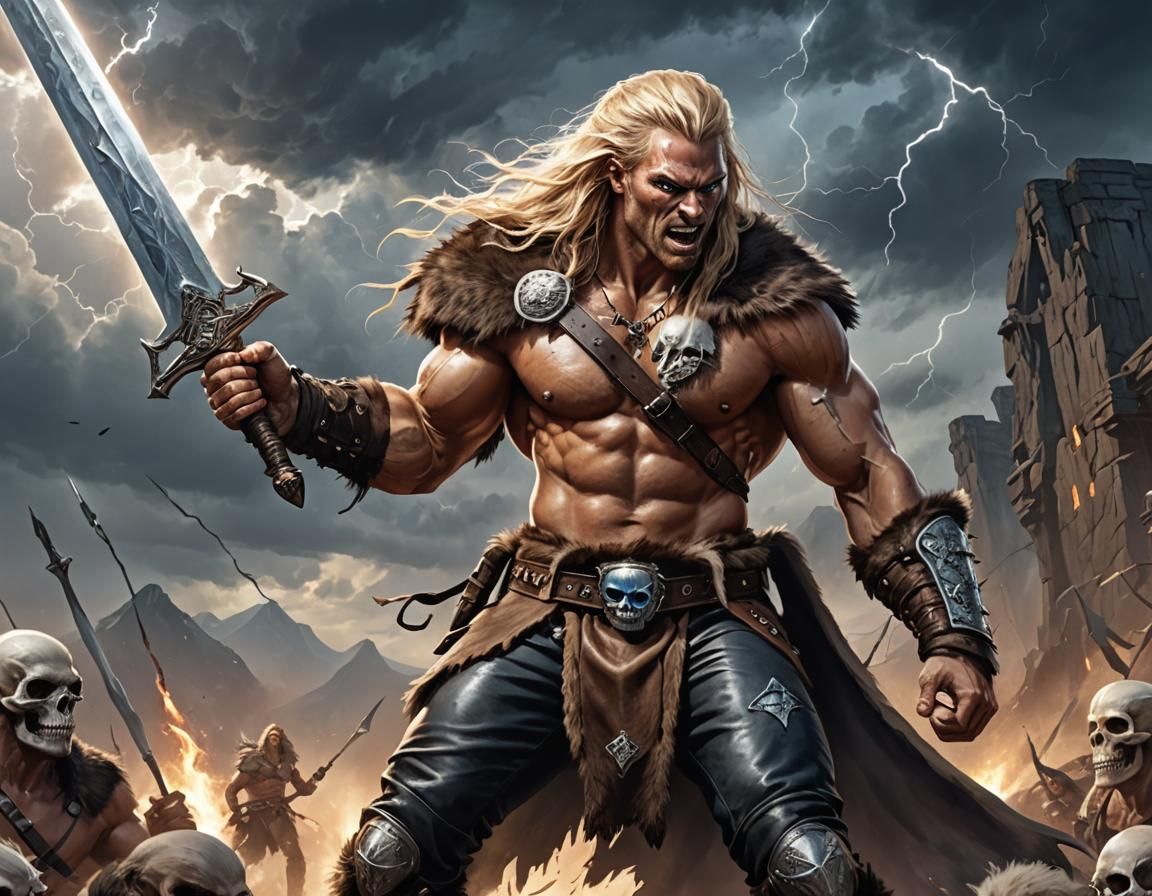 Barbarian Warrior with Sword in Fantasy Landscape