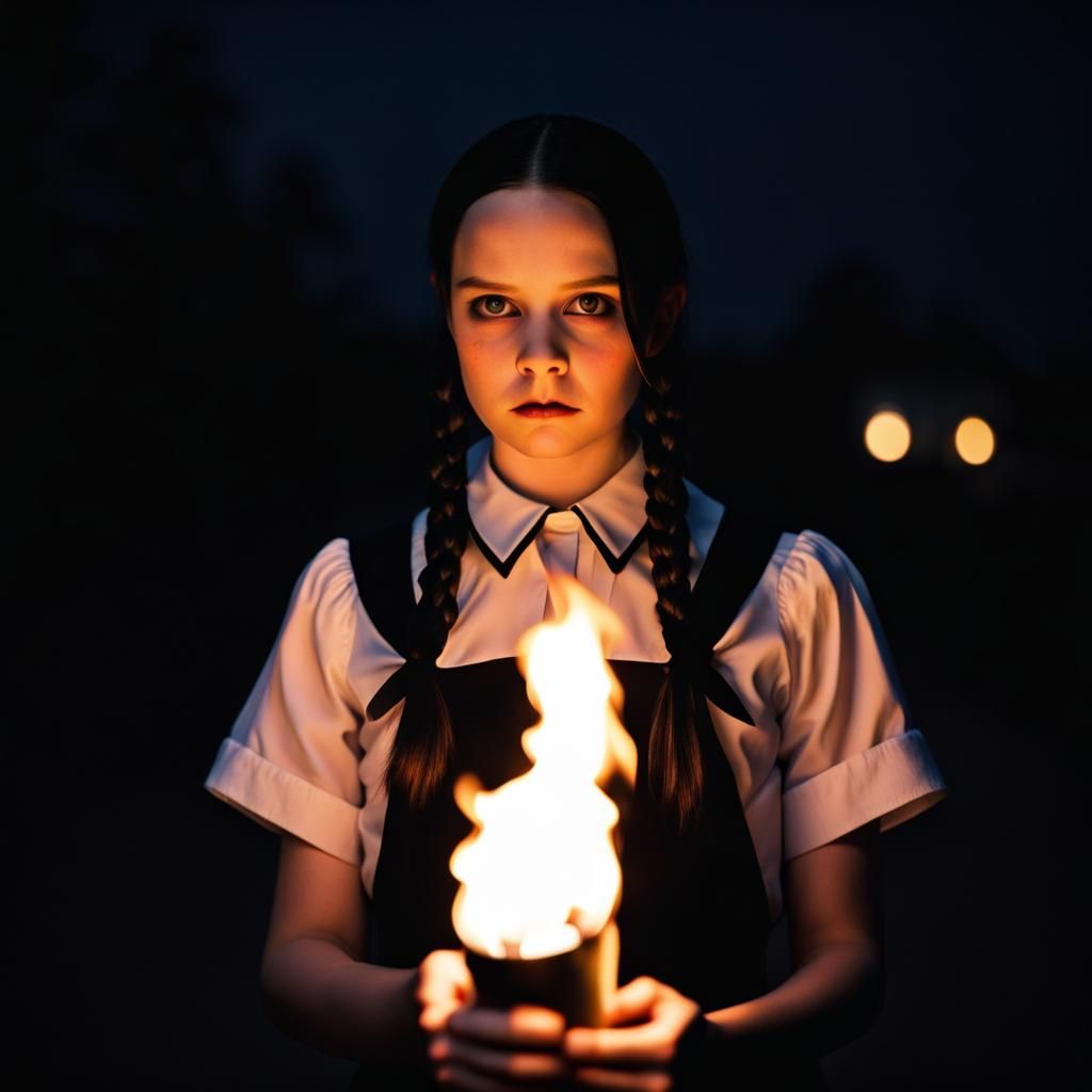 Wednesday Addams with Burning Torch at Night