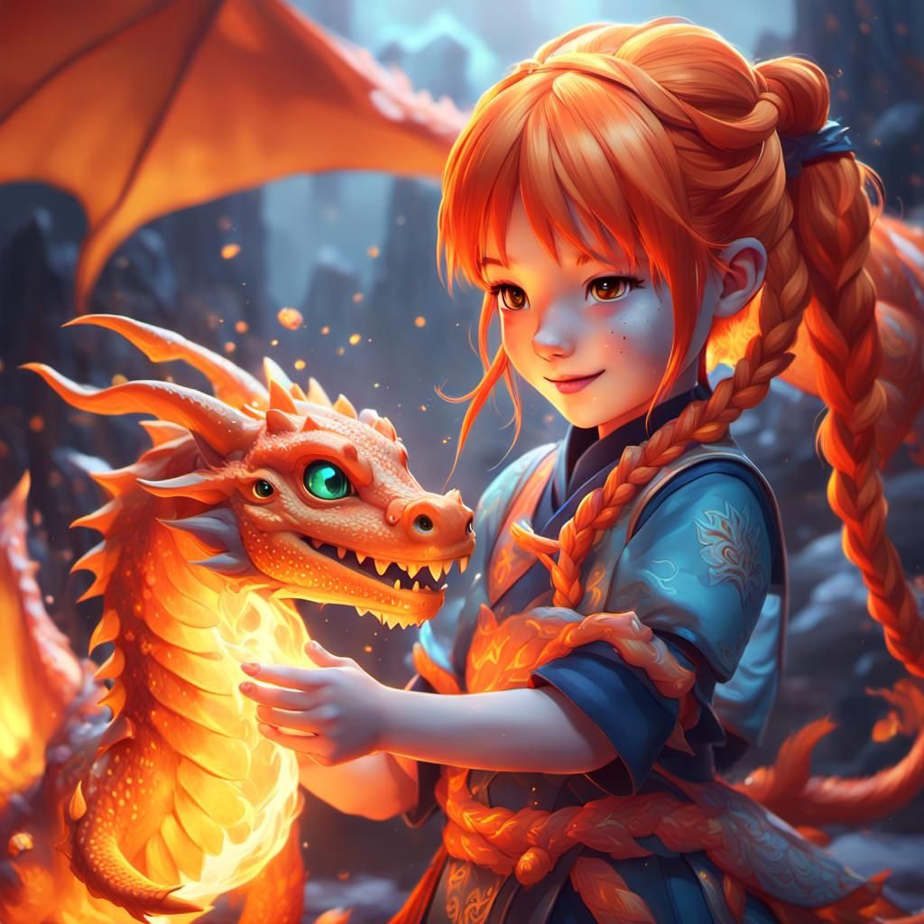 Girl with Dragon in Vibrant Anime-Inspired Style