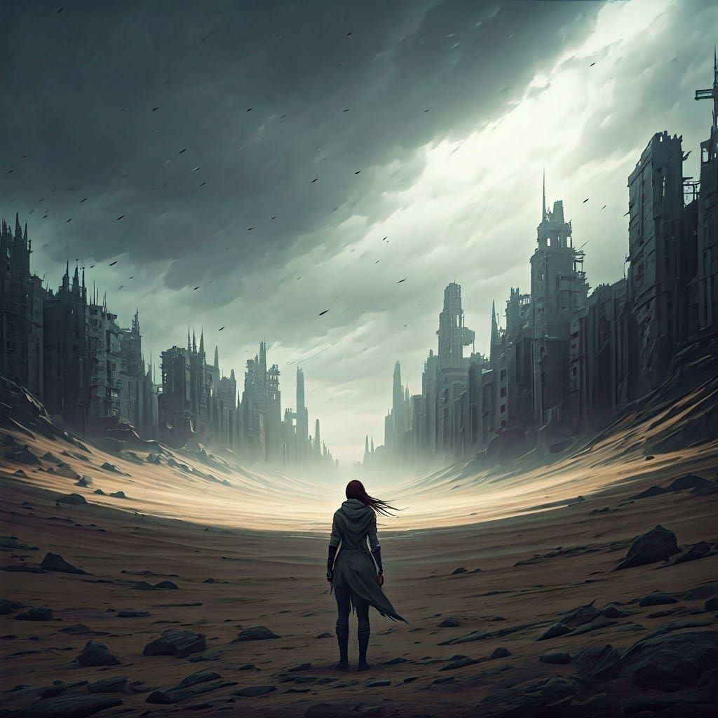 Lone Woman Scans Desert City Ruins Amidst Somber Gray Sky