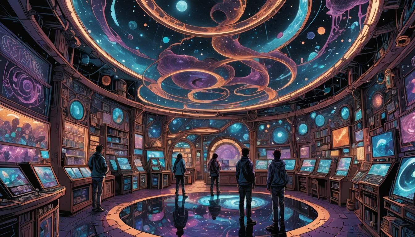 Cosmic Comic Book Art: Spiraling Shop with Black Hole