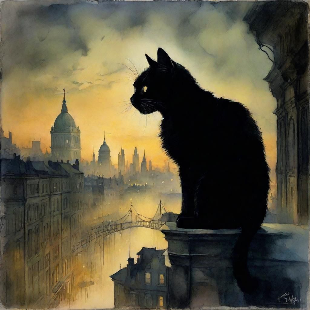 Noir Cat Double Exposure in Smokey City