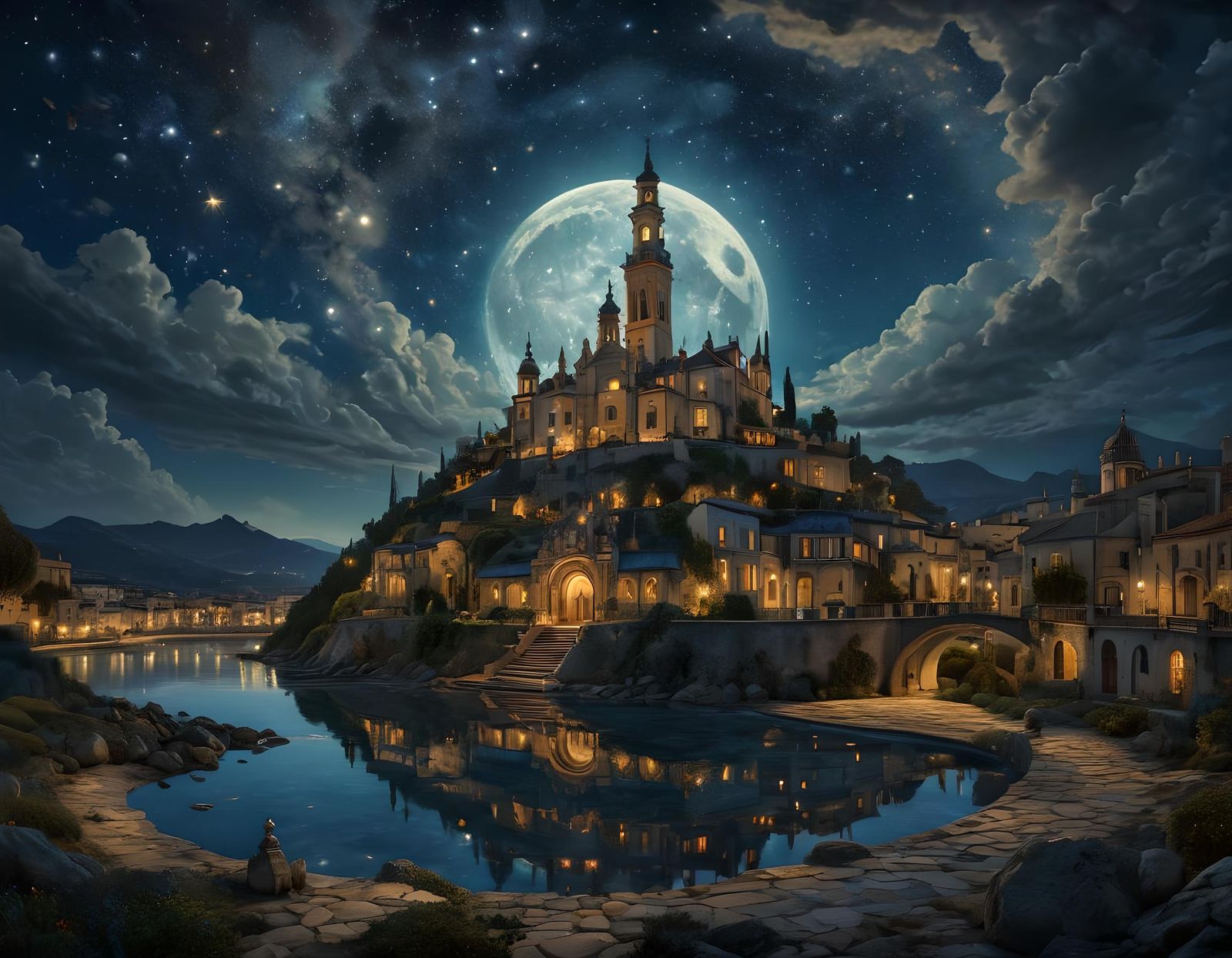 Magic Clock Town Under Moonlit Sky