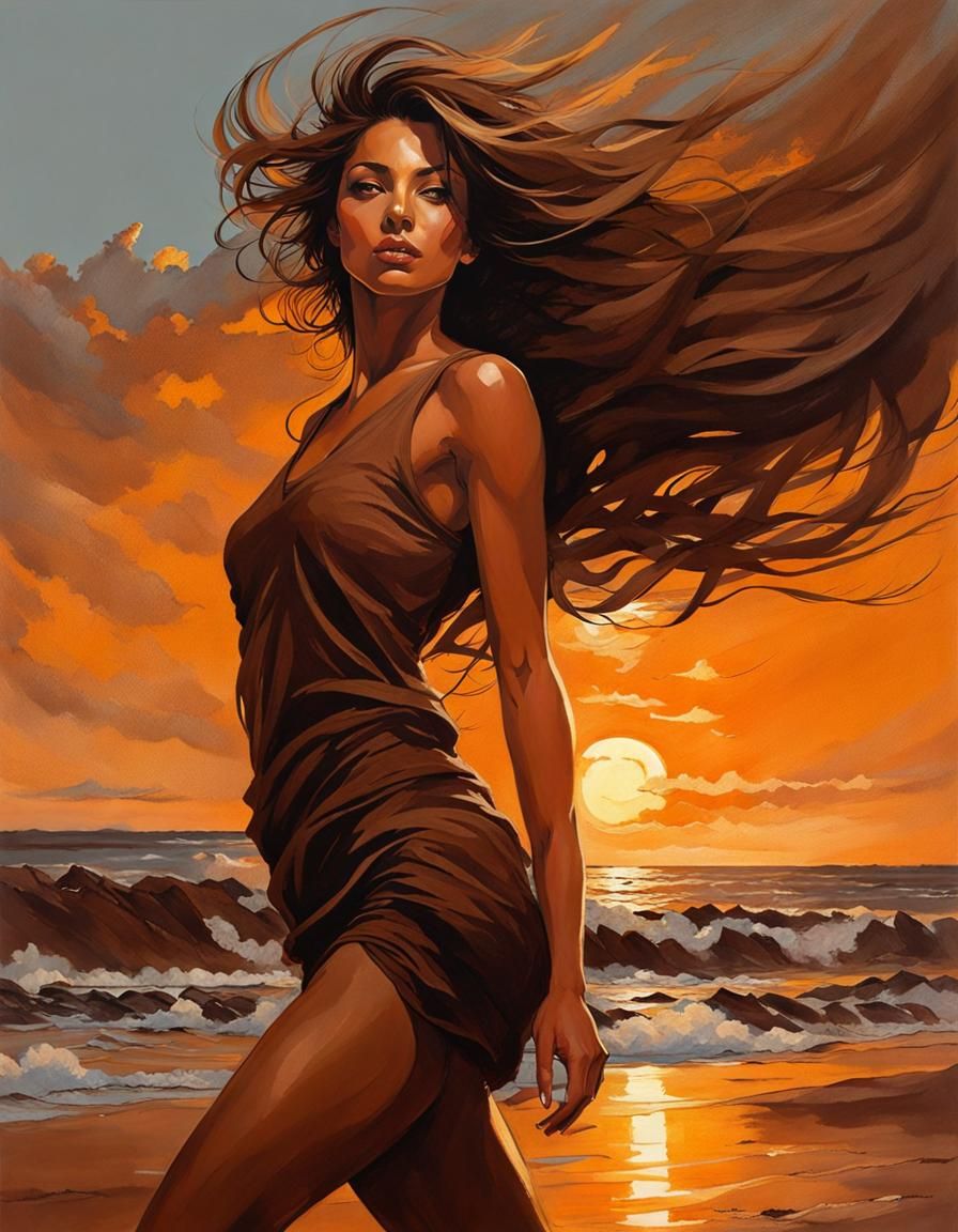 Stunning Brown-Haired Woman Portrait with Sunset Background