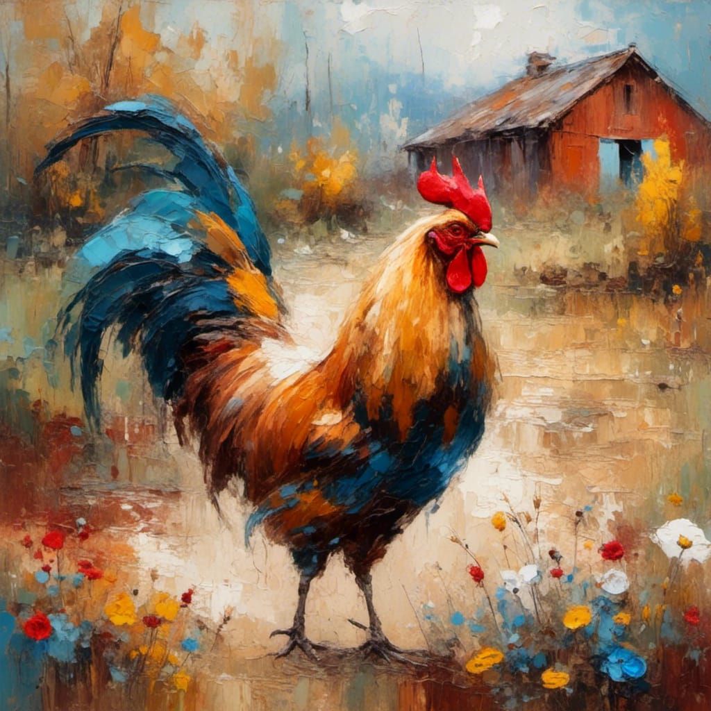 Rooster in Rustic Farmyard: Chagall-Style Oil Painting