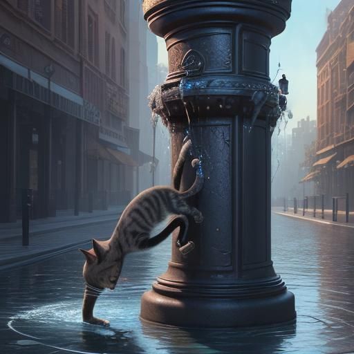 Cat Drinks From Fountain: Detailed Digital Painting
