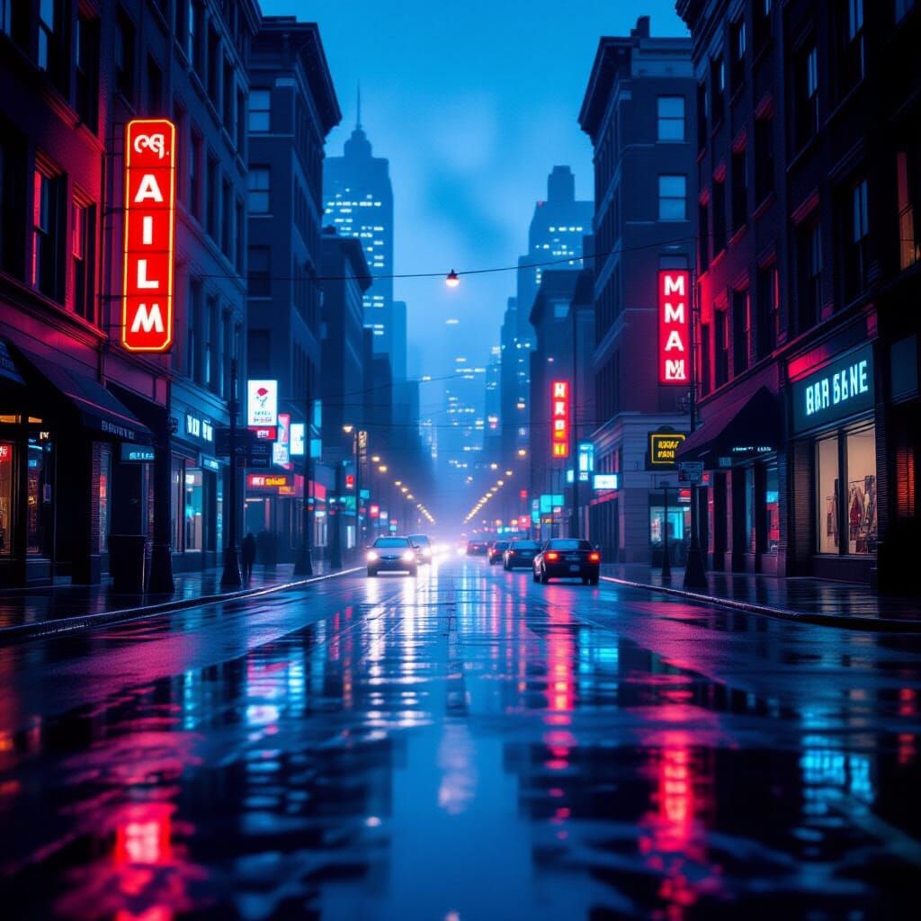 Cinematic Rainy City Street at Dusk