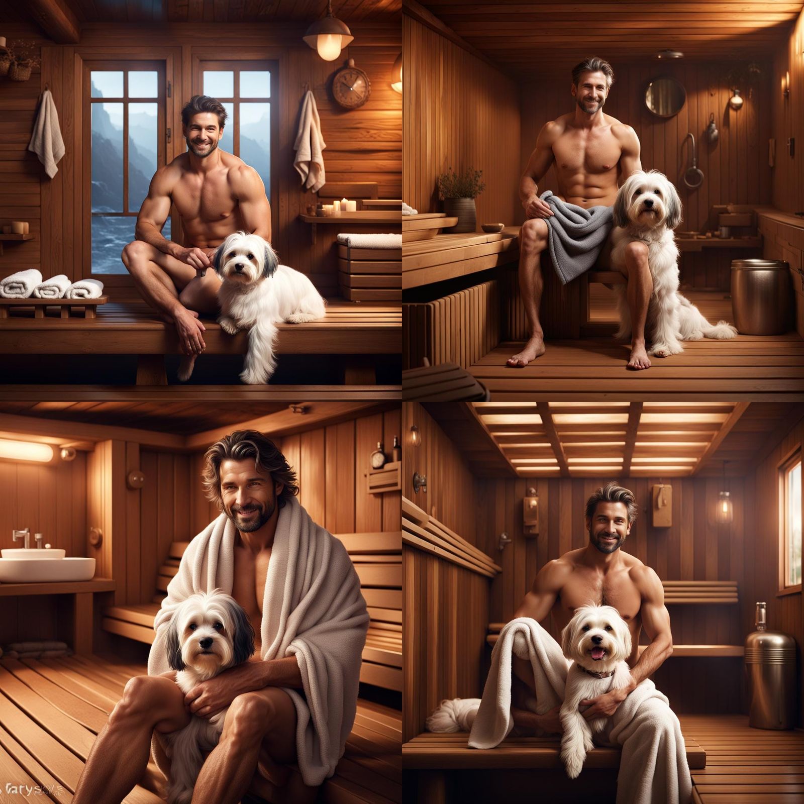 Handsome Man and Dog in Sauna, Detailed Fantasy Art