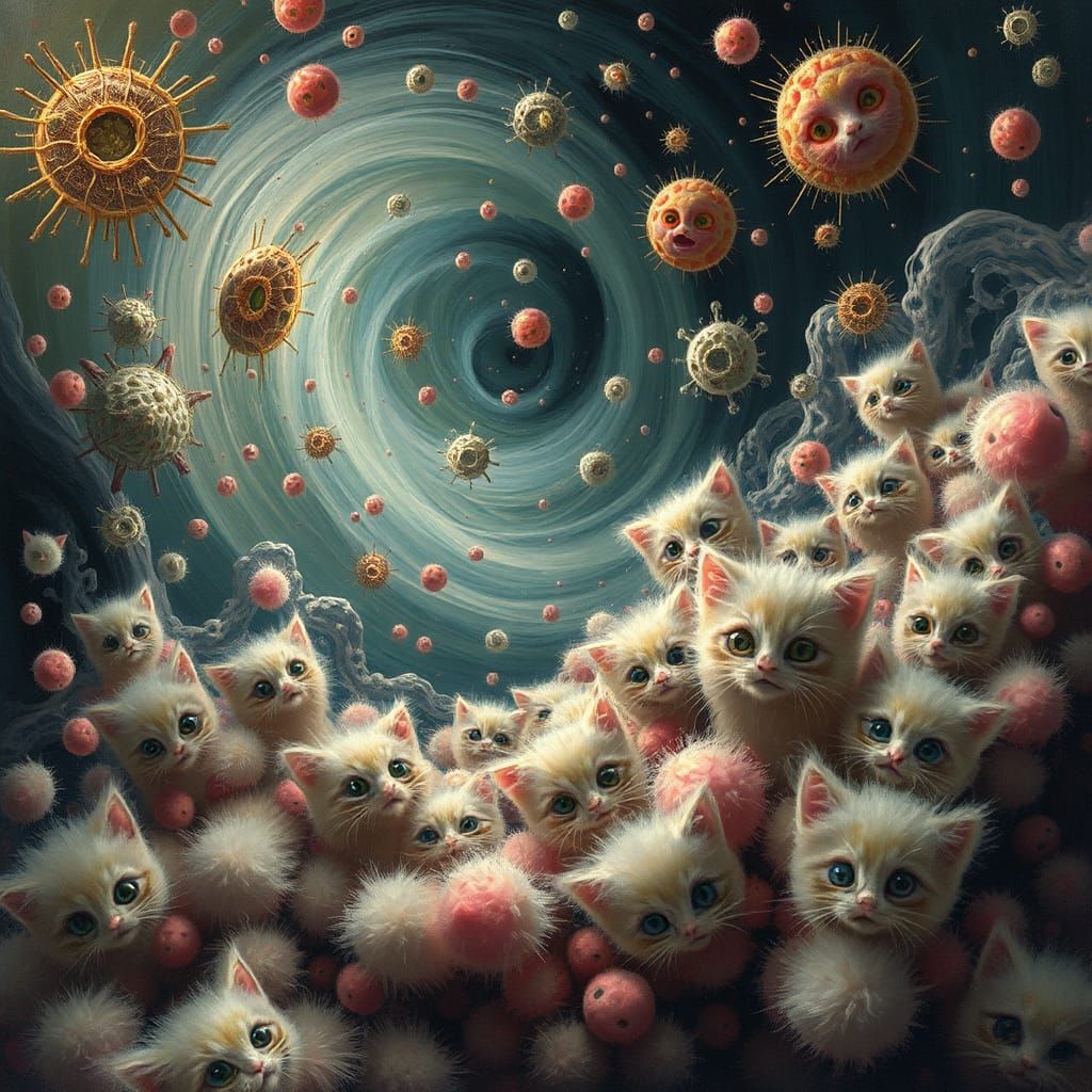 Microscopic World with Kittens in Surreal Style