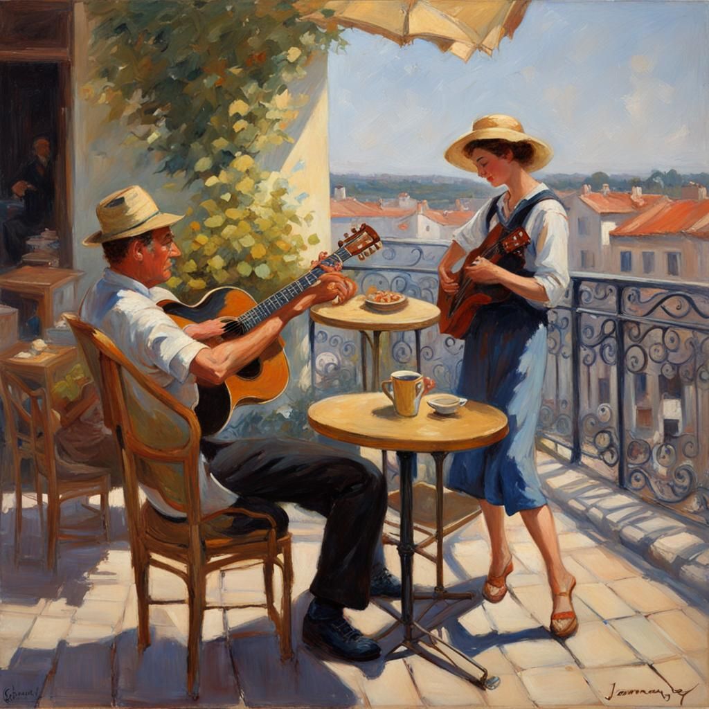Guitarist Plays for Dancer at Cafe Terrace