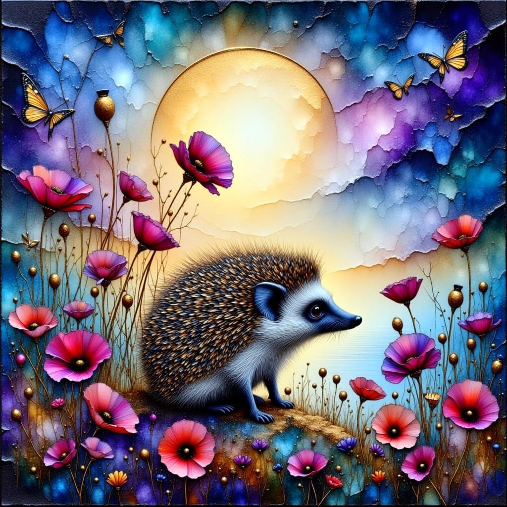 Surreal Landscape with Hedgehog and Poppies under a Full Moo...