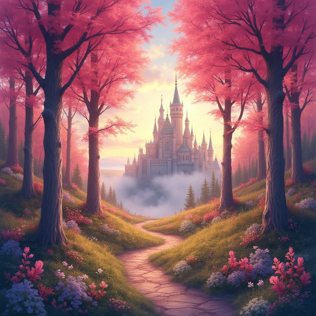 Whimsical Pink Forest with Majestic Castle in Watercolor Sty...