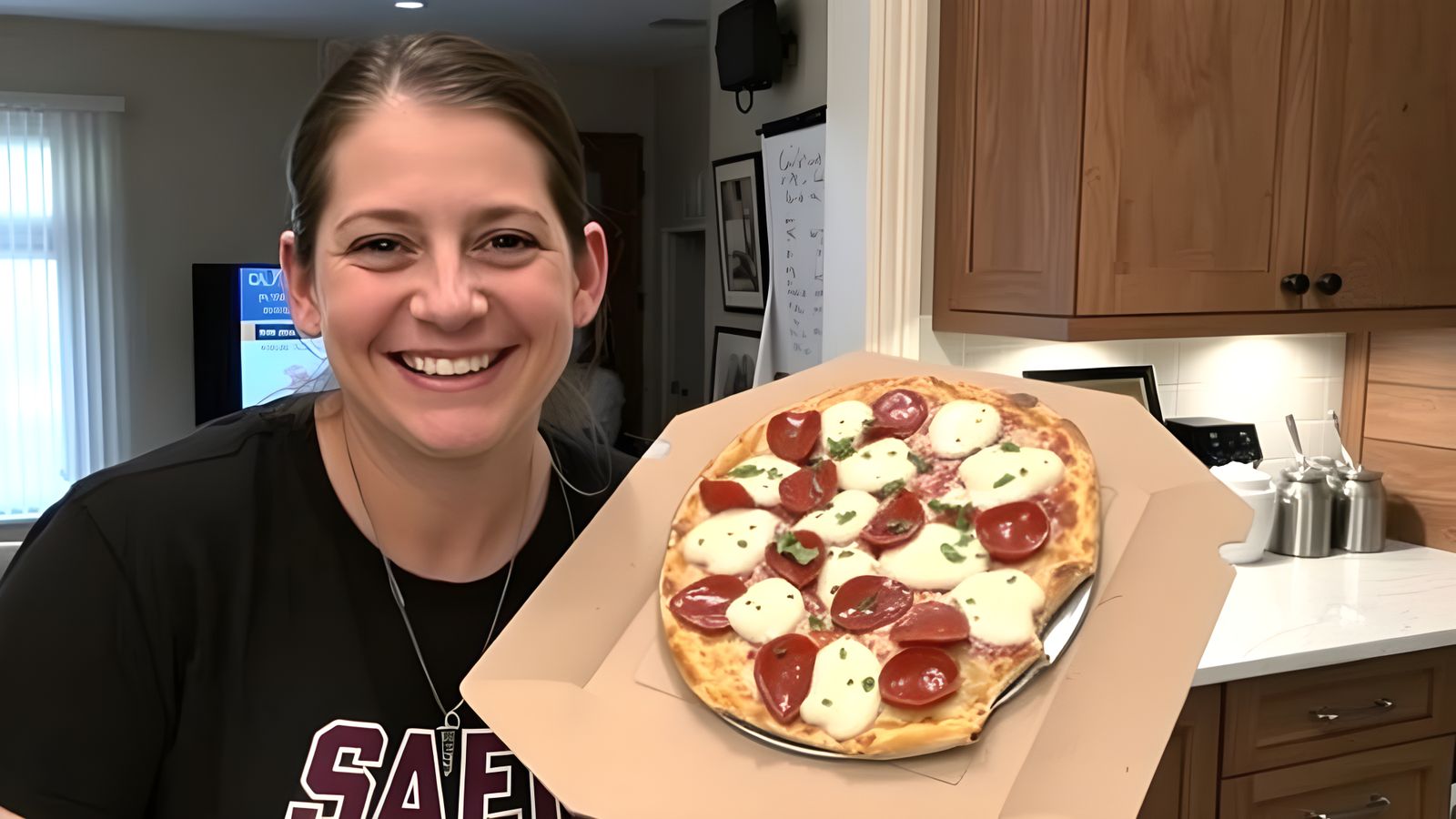 Sunny Young Woman Savoring a Delicious Pepperoni Pizza in a ...