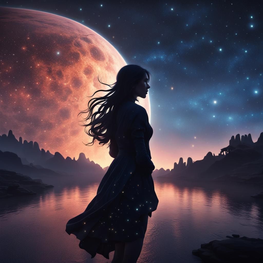 Silhouette of Woman Under Starry Sky, Detailed Matte Paintin...