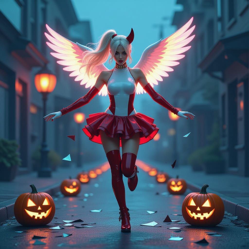 Rainbow Woman Jumps Over Halloween Street, Neon Art