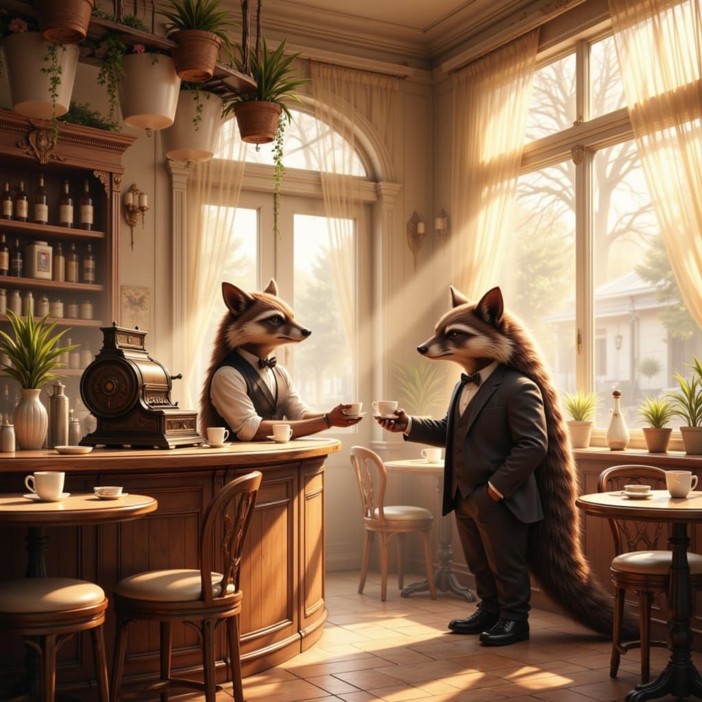 Pastel Tea House with Animal Patrons and Porcupine Barista