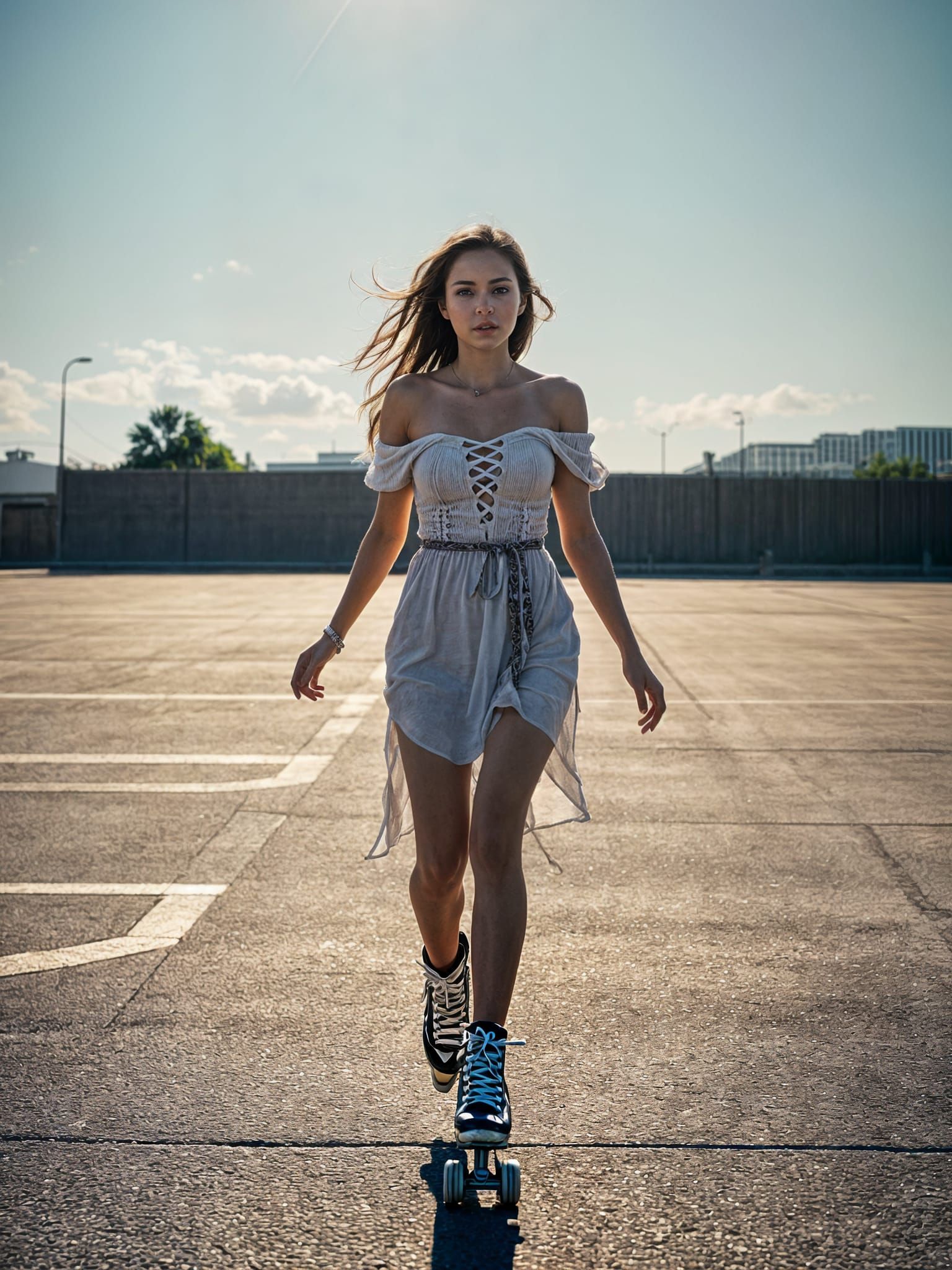Woman in Torn Dress Rollerskating: Hyperrealistic Image
