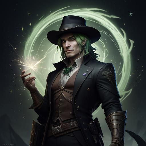 Green-Haired Man's Starry Wish: Dark Fantasy Art