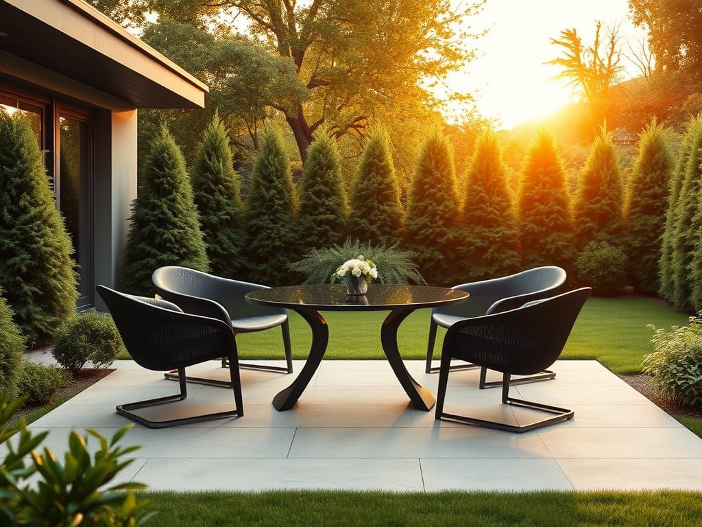 a backyard patio with a table and chairs