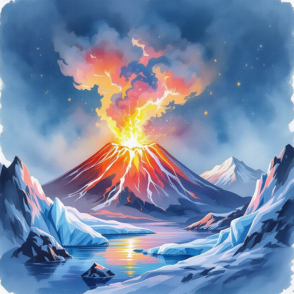Volcano Erupting Ice and Water in Watercolor Style