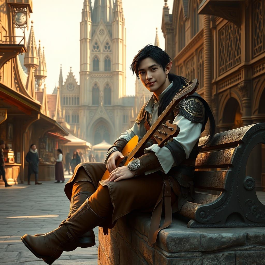 Elegant Half-Elf Bard in Medieval City Splendor
