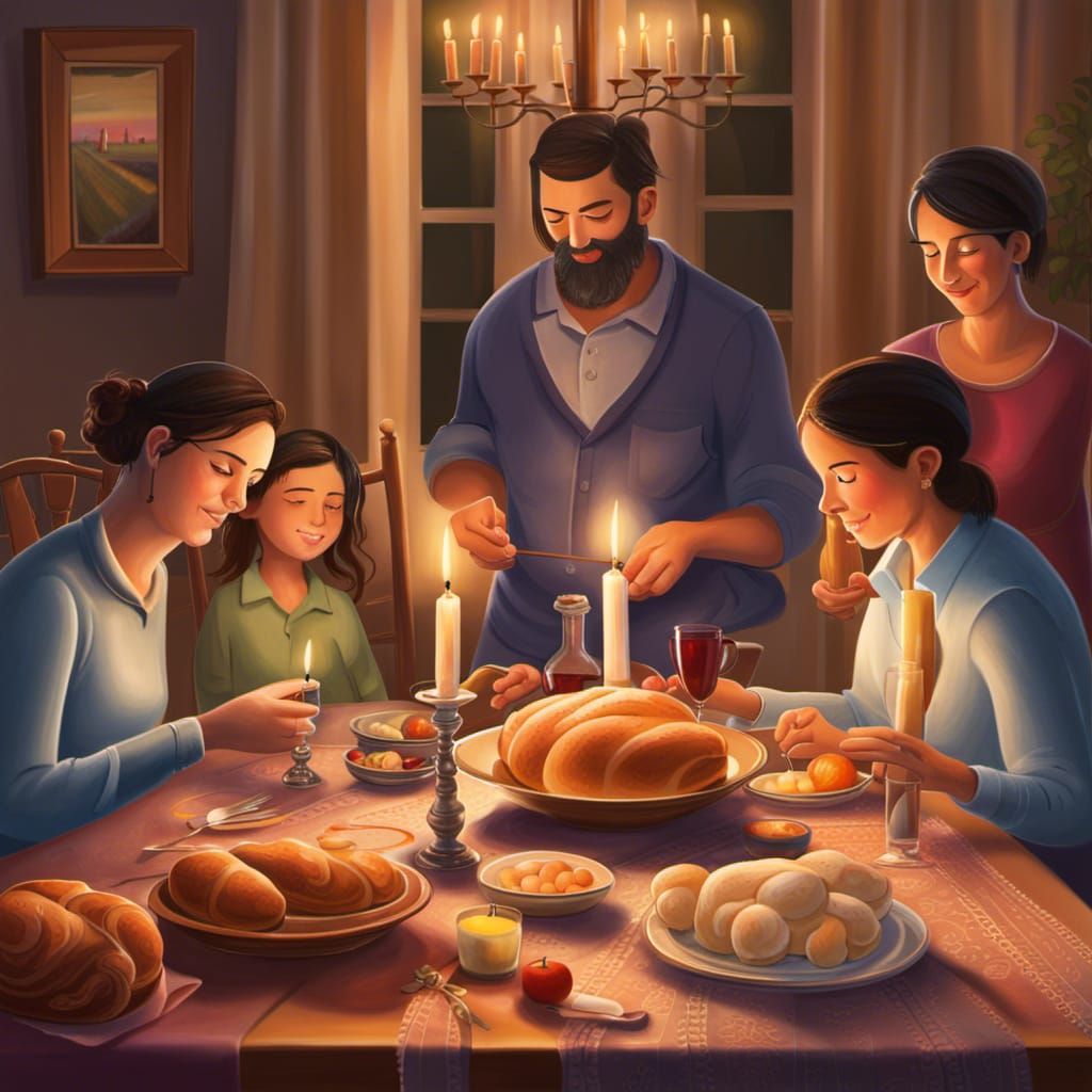 Family Prepares Shabbat Table in Realistic Style