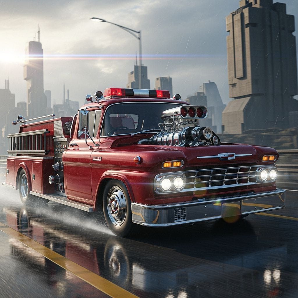 Classic Fire Truck with Big Motor, Left to Right