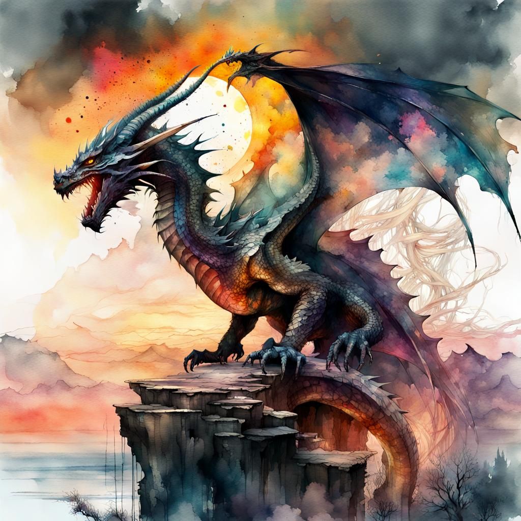 Watercolor Dragon Agonizing in Dark Magic Sunset