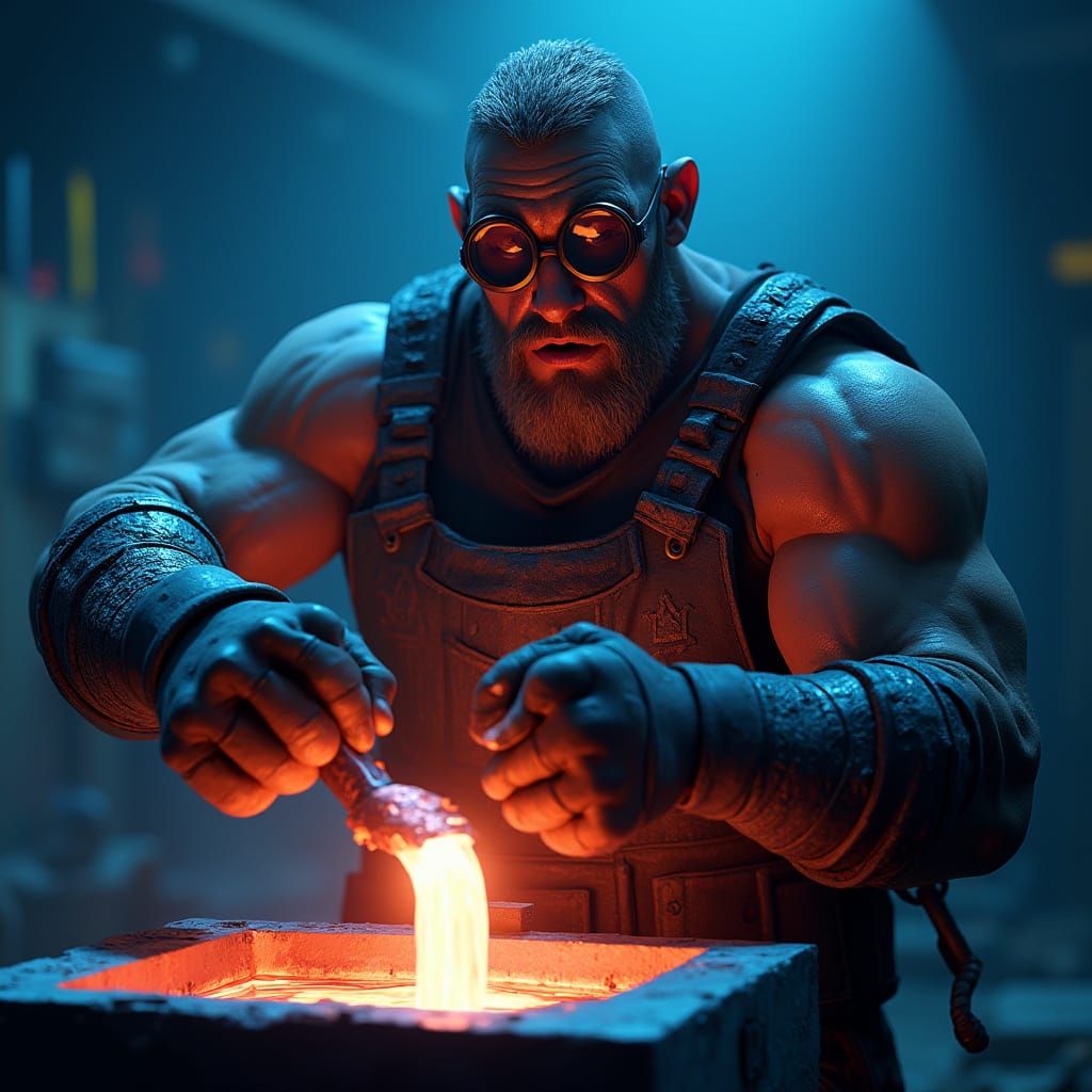 Gigantic Metalworker Pours Molten Metal into a Statue Mold