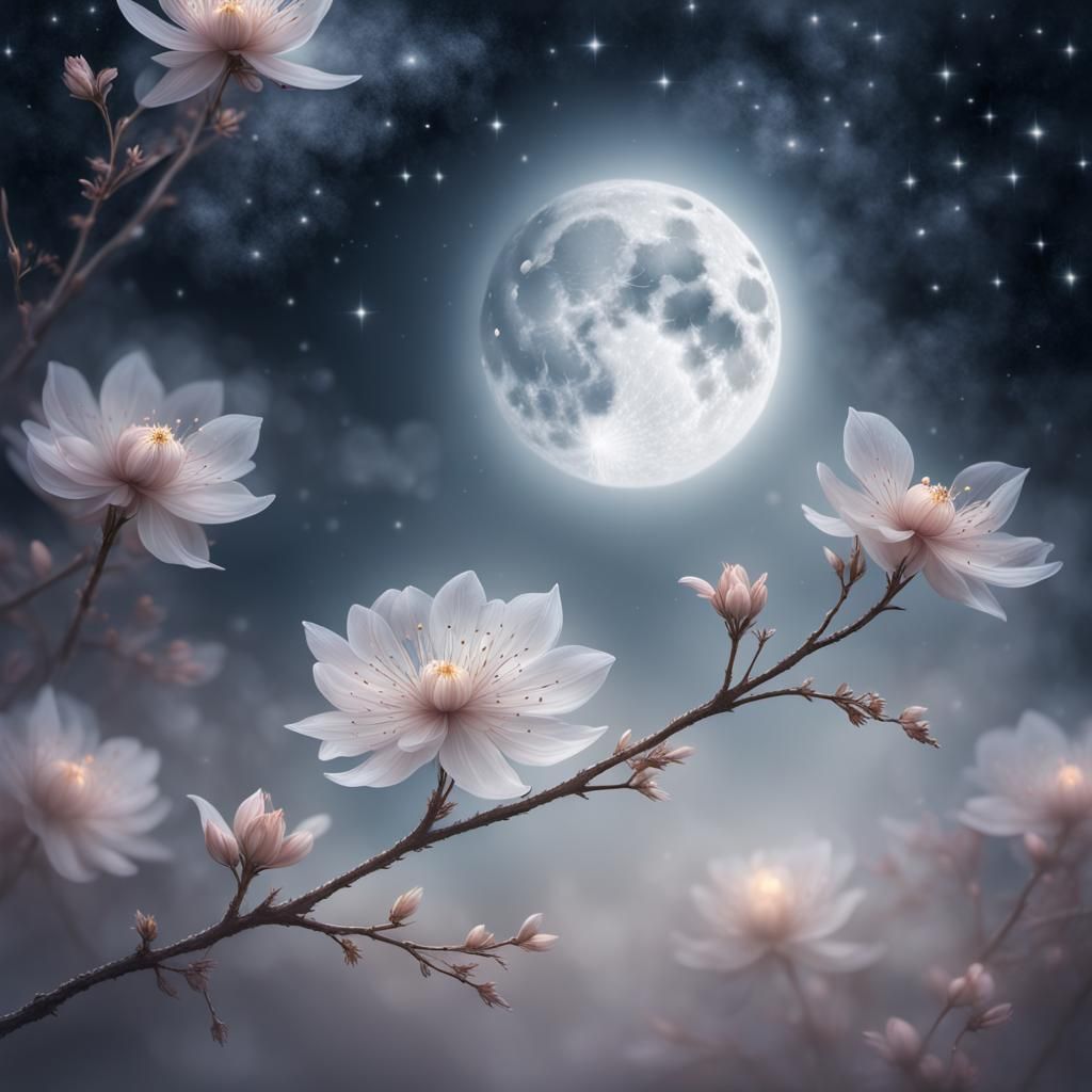 Ethereal Moon with Blossoms in Starry Sky