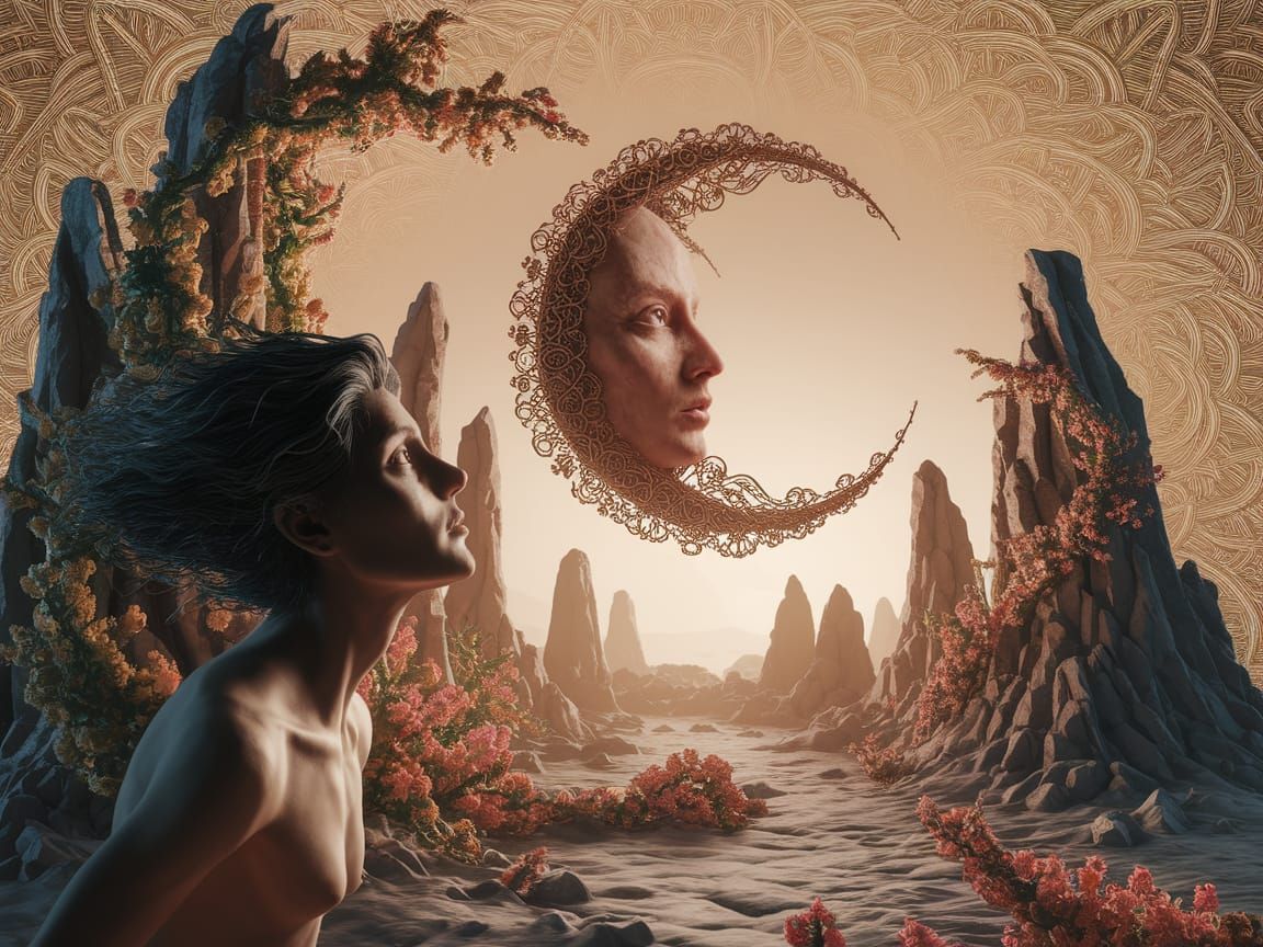 Ethereal Figure Gazes at Filigree Moon