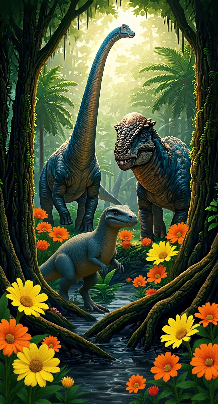 Hyperrealistic Dinosaurs in Jurassic Landscape