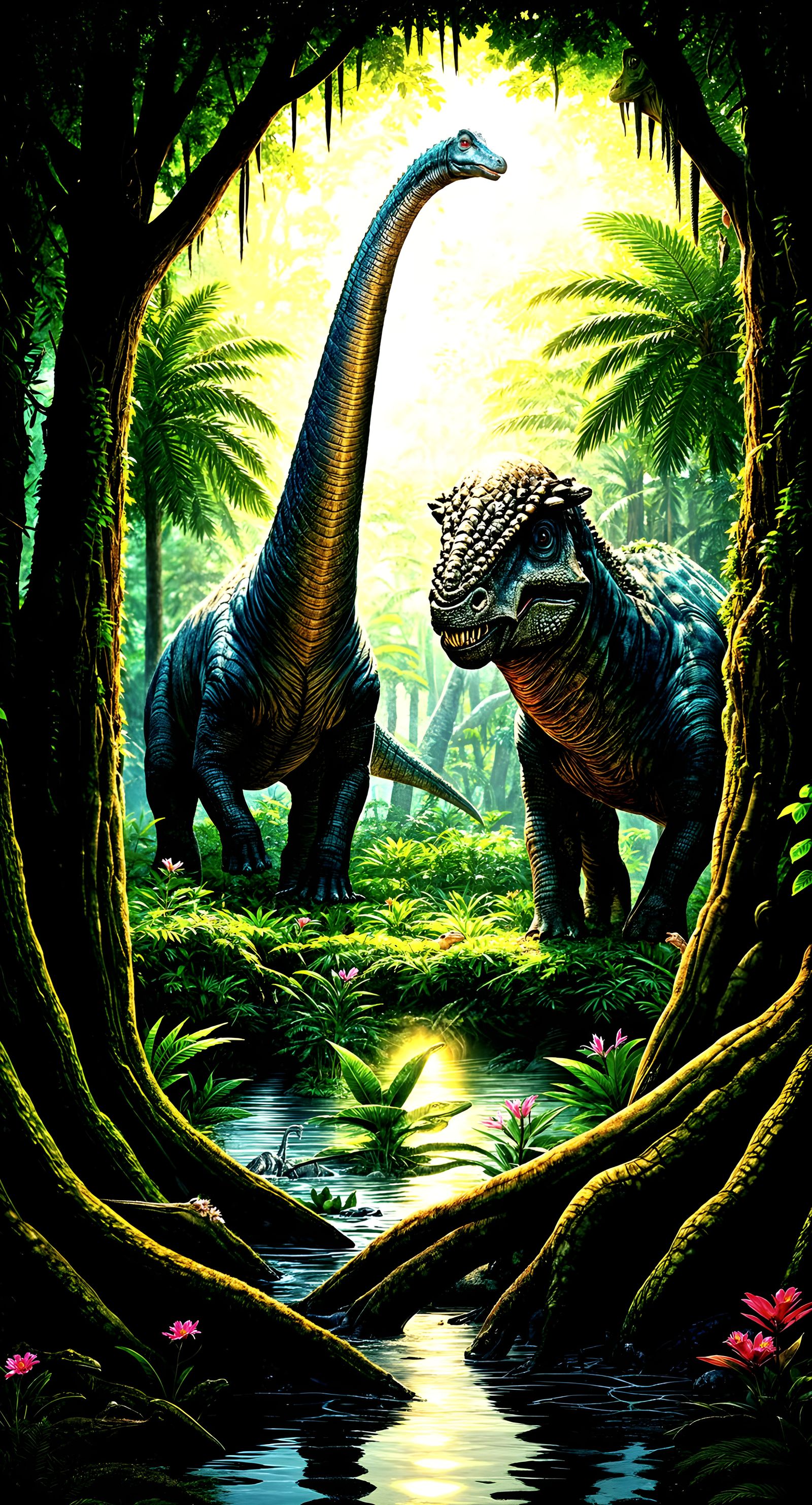 Hyperrealistic Dinosaurs in Jurassic Era Landscape