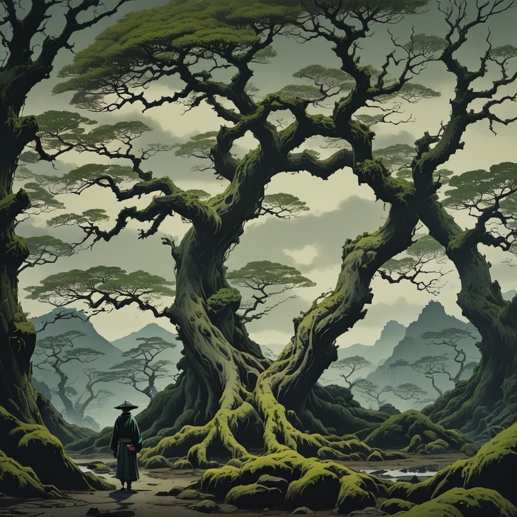 Ukiyo-e Painting: Lone Figure in Desolate Landscape