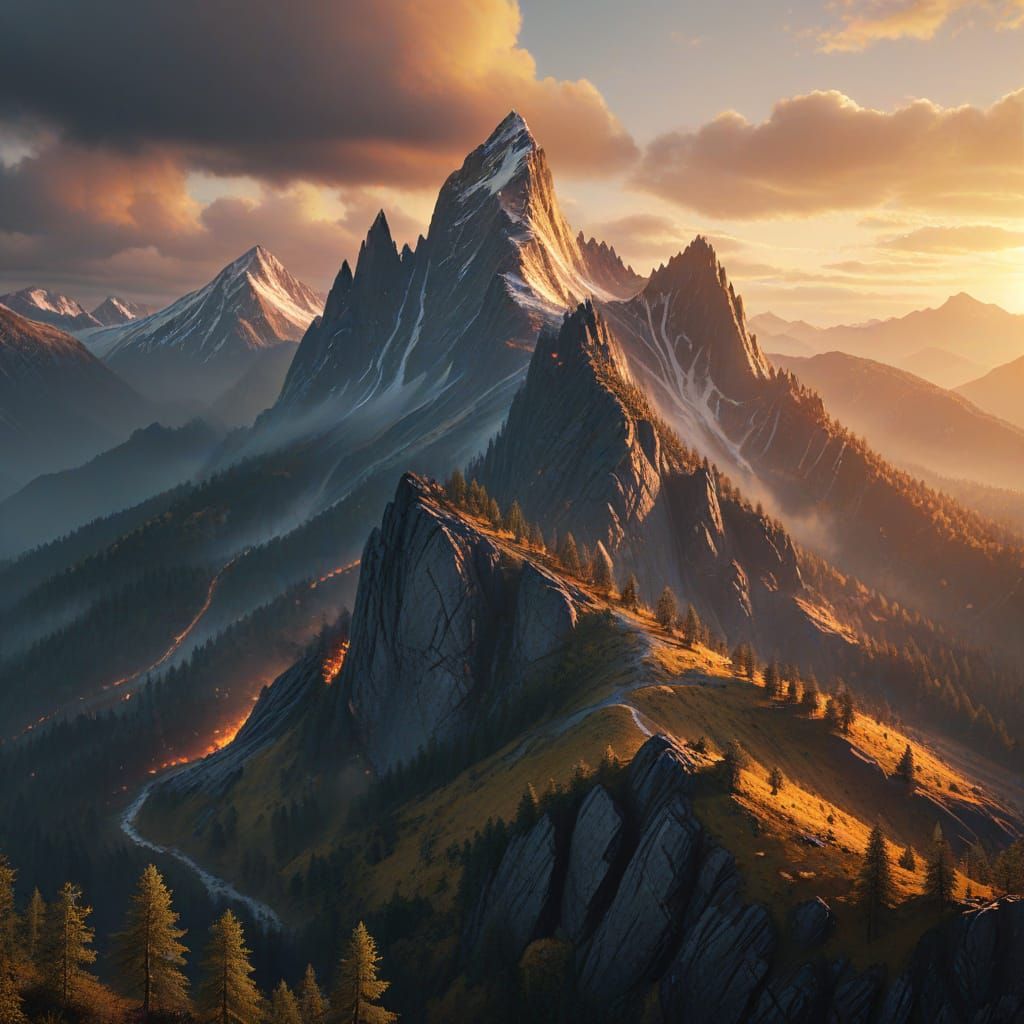 Fantasy Mountain Aerial View at Sunset: Digital Art