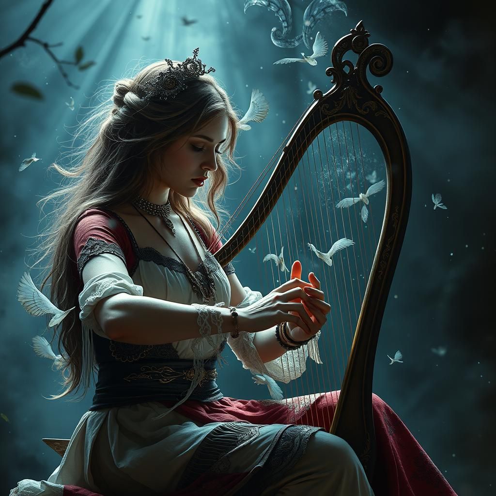 Woman Plays Harp: Epic Digital Matte Painting