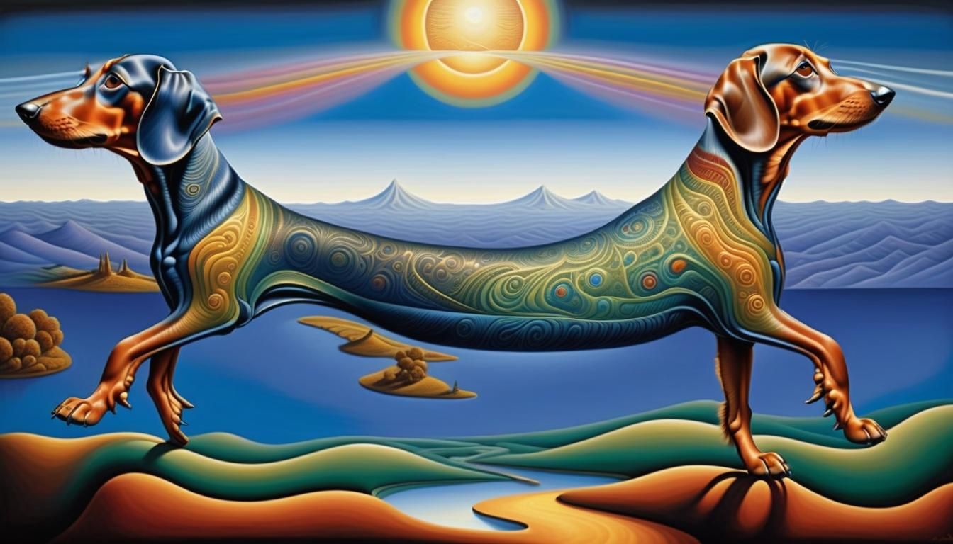 Surreal Double-Headed Dachshund Dreamscape in Oil