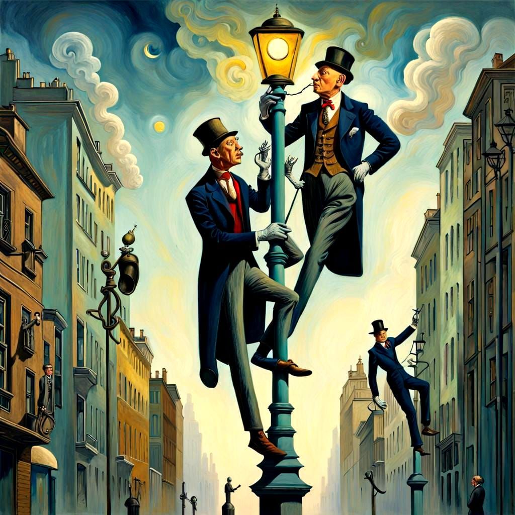 Gentlemen Climb a Lamppost in Surrealist Style