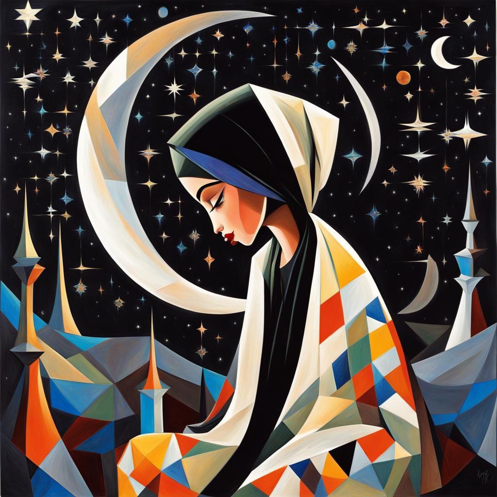 Muslim Girl Praying on Moon in Cubist Style