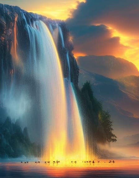 Epic Fire Sunset Waterfall Digital Painting