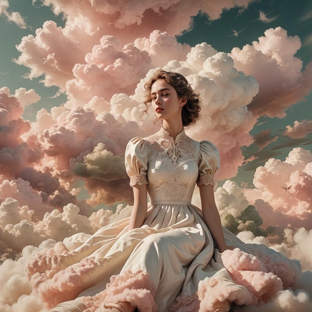 Girl on Cloud in Surreal Pastel Digital Art