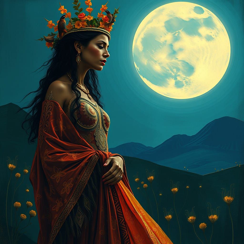 Ethereal Amazonian Goddess in Dreamlike Landscape