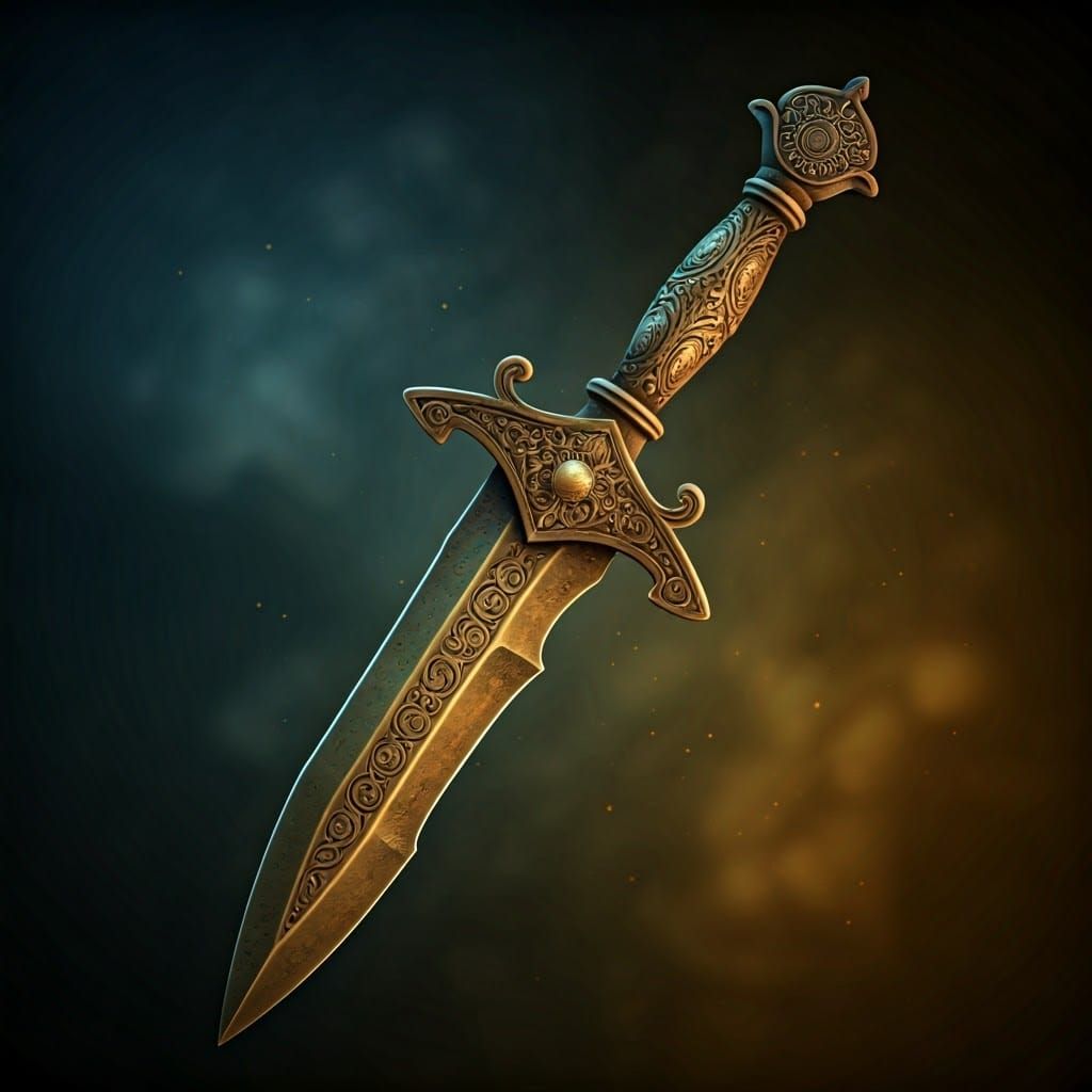 Ancient Brass Clockwork Dagger in Golden Brown, Triadic Colo...