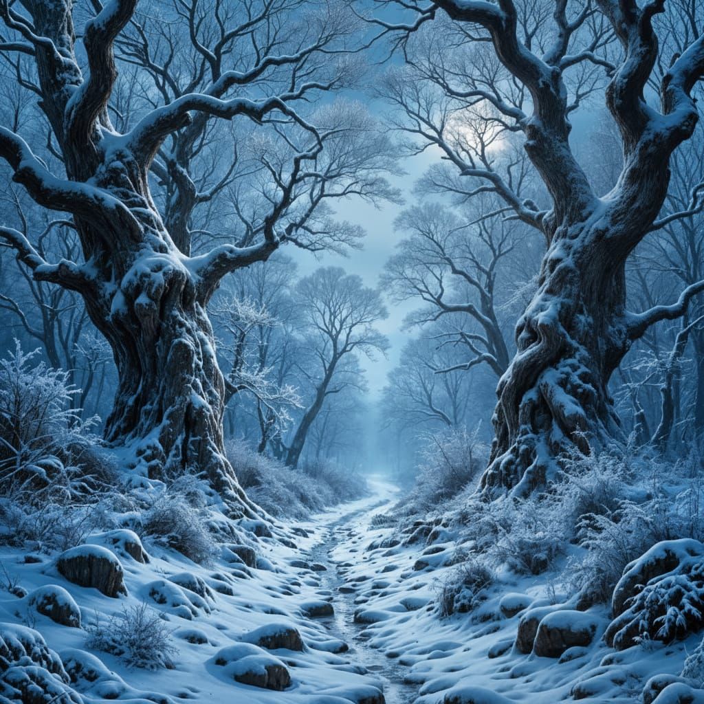 Enchanted Snowy Forest Under Full Moon