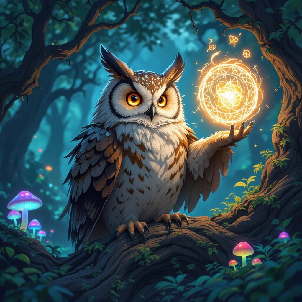 Anime Owl Mage Casting Spell in Mystic Forest