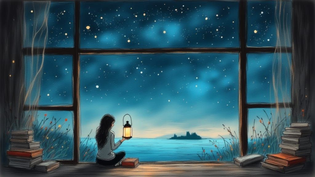 Woman with Lantern Over Cosmic Ocean, Watercolor Style